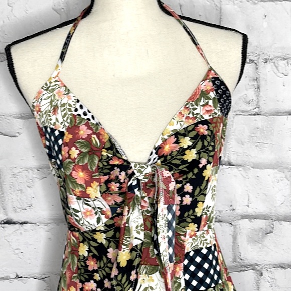 SHEIN Curve NEW Red Blue White Patchwork Pattern Tie Front Halter Dress Size 1X - Picture 2 of 7